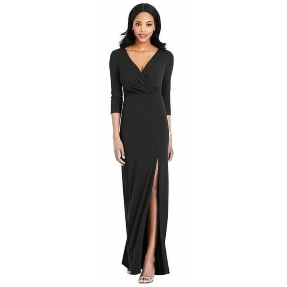 After Six Washable Stretch Crepe V-Neck 3/4 Sleeves Maxi Dress #6797 - Black XS